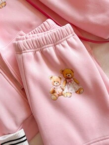 Tween Girl Bear Graphic Casual Zip-Up Hoodie Set - Multicolor - View 4