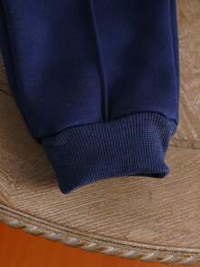 SHEIN 2pcs/Set Boys American Style Baseball Jacket Outfit, White & Blue Contrast Letter Print Jacket + Jogger Pants, Autumn/Winter