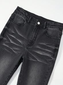 SHEIN Quần jeans ống loe cho bé gái tuổi teen, hàng mới về cho mùa thu/đông, có sẵn màu đen, xám đậm, Y2K, cổ điển, thanh lịch, thường ngày, , Chi tiết thiết kế bao gồm vải cotton pha co giãn bất đối xứng, bất đối xứng, sờn rách, thoải mái, cạp chun có thể điều chỉnh, thích hợp mặc hàng ngày, tiệc tùng, du lịch - màu đen - Xem 5