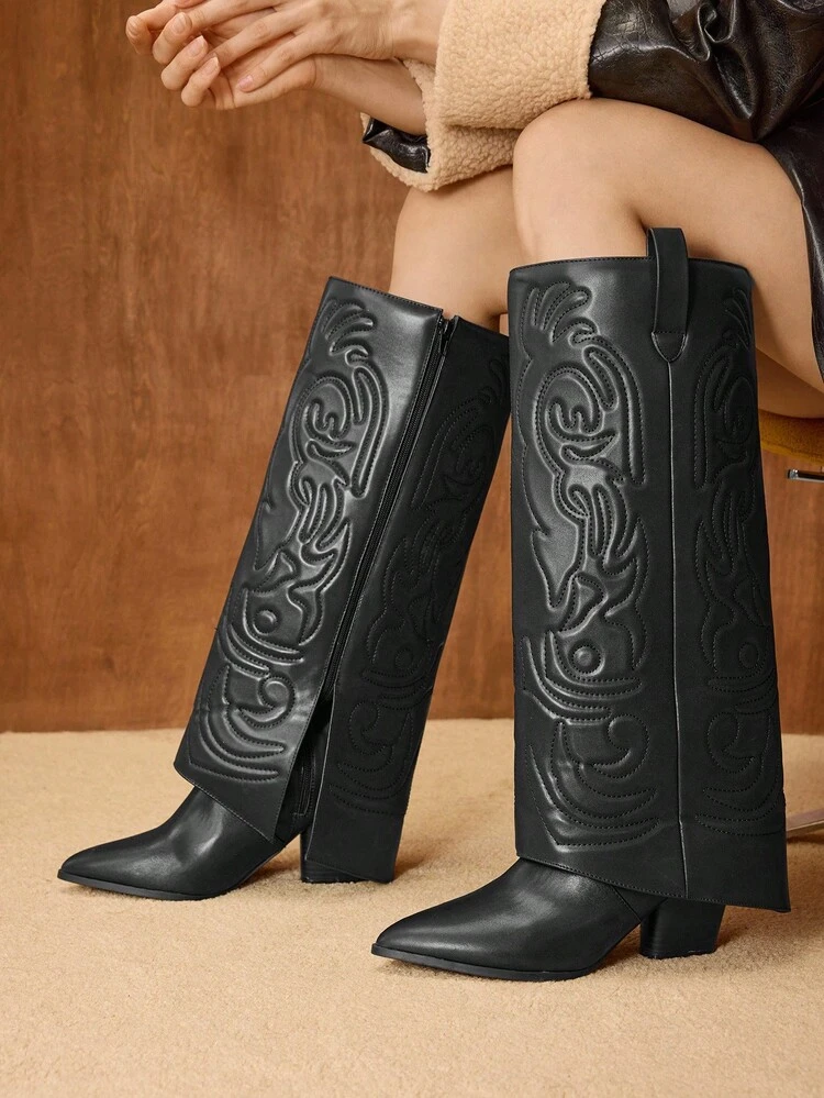 WOMEN'S NEW FASHION COMMUTER QUILTED CHUNKY HEEL POINTED TOE WESTERN COWBOY BOOTS