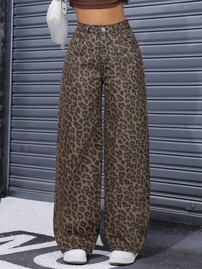 SHEIN PETITE Women's Fashionable Retro Leopard Print Wide Leg Jeans