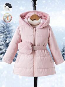 Elladie kids 女童绗缝中长款连帽羽绒服，腰部收紧，带口袋，适合休闲、户外、秋冬季穿着。女童冬季外套，粉色冬季外套，女童外套，带毛领连帽外套。 - 淺粉色 - 查看 7