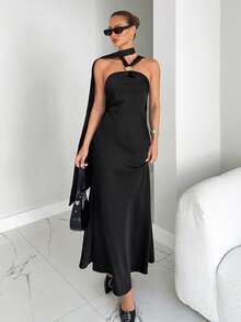 Siren Gaze Siren Gaze Black Dress  Elegant Dresses For Women Women Dresses Autumn Winter   Women's Christmas Party Black Metal Button Satin Ribbon Open Back Tie Long Dress Women's Fashionable Sexy Backless Halter Long Dress