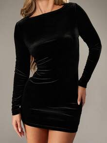 MISSGUIDED Long Sleeve Velvet Mini Dress Form Fitting Party Club Night Out Holiday Winter Formal Bodycon Mini Dress Evening Event - Black - View 4