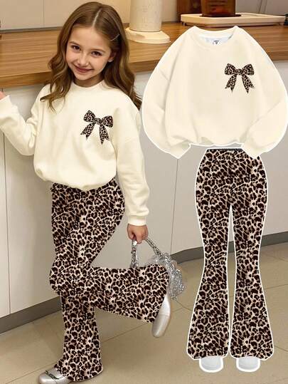 SHEIN Happikins Vintage Sweet Leopard Bow Print Cream White, Tween Girl Knit Crew Neck Letter Graphic Loose Sweatshirt & Flare Leg Pants 2 Piece Set, Streetwear Vibe, Casual Campus Sports Style, Outdoor Picnic, Outing, Street Style, Home