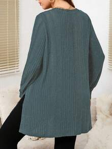 EMERY ROSE Áo thun tay dài cổ chữ V màu trơn dáng rộng thoải mái cho nữ cỡ lớn - Màu xanh bụi bặm - Xem 2