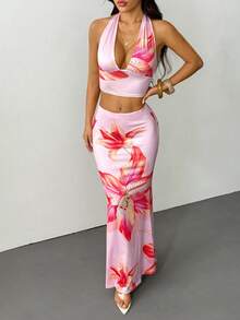 SHEIN PETITE Women's Holiday Halter Top And Skirt Printed Two Pieces Set Floral Two Piece Set Vacation 2 Piece Outfit Maxi Skirt Two Piece Set Summer Two Piece 2 Piece Dress