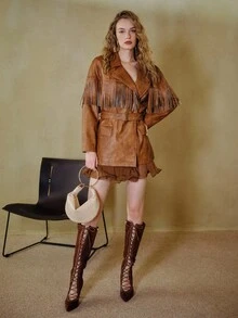 MOTF STUDIO Chaqueta de motociclista con cuello de solapa de piel sintética, detalles con flecos y hebilla con cinturón - Marrón - Ver 6