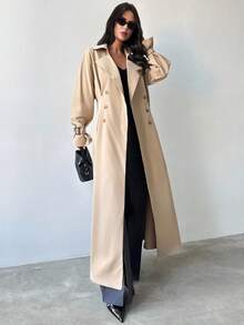Firerie 女式优雅精致休闲都市通勤时尚百搭卡其色长袖收腰褶皱 A 字形口袋前开扣长款风衣，秋冬 - 卡其色 - 查看 3