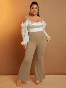 SHEIN SXY 大码女式休闲百搭摩卡棕色裤子 - 摩卡棕 - 查看 4