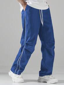 Manfinity Hypemode 男士字母印花抽绳腰褶口袋休闲裤，防风蓝色运动裤，宽松街头风，美式复古速干伞兵工作裤，男士夏季清洁修身裤，宽松直筒休闲裤，秋季 - 寶藍色 - 查看 4