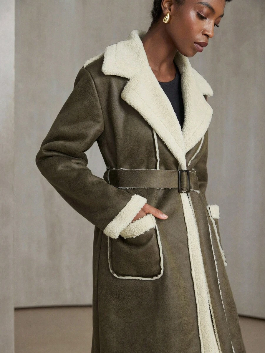 Aveloria Modichic Women's Casual Fashion Street Faux Fur Lined Long Coat With Belt, Autumn/Winter - Army Green - View 1