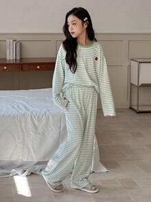 DAZY 2 st/set för flickor, rund hals, randig stickad t-shirt och byxor, loungewear-set, höst och påsk - Grön - Visa 2