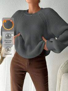 Plus Size Women's Solid Color Round Neck Raglan Sleeve Loose Pullover Sweater