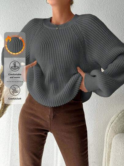 Plus Size Women's Solid Color Round Neck Raglan Sleeve Loose Pullover Sweater