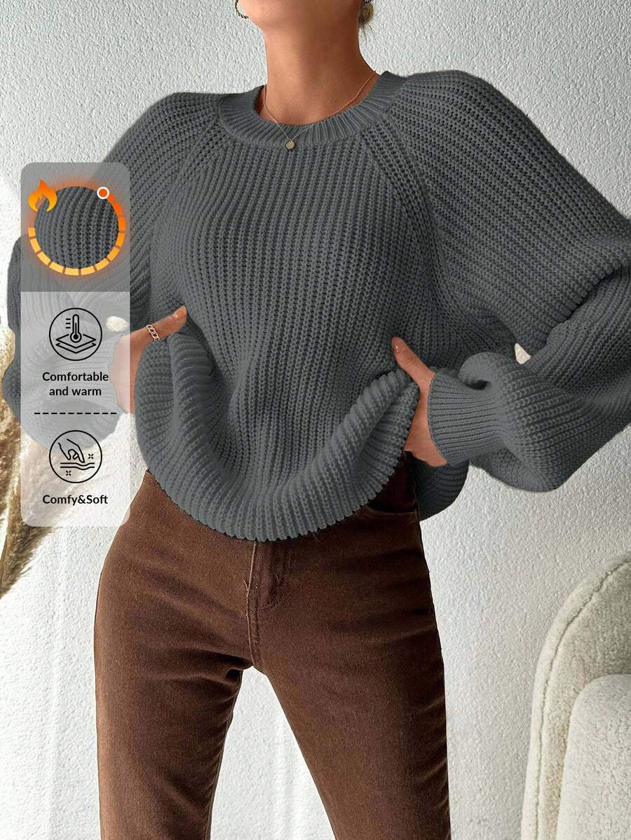 Plus Size Women's Solid Color Round Neck Raglan Sleeve Loose Pullover Sweater