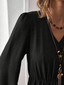 LanaWest Women's Autumn Bohemian Casual Vacation Style Rust Brown Design V-Neck Long Sleeve Patchwork Dress