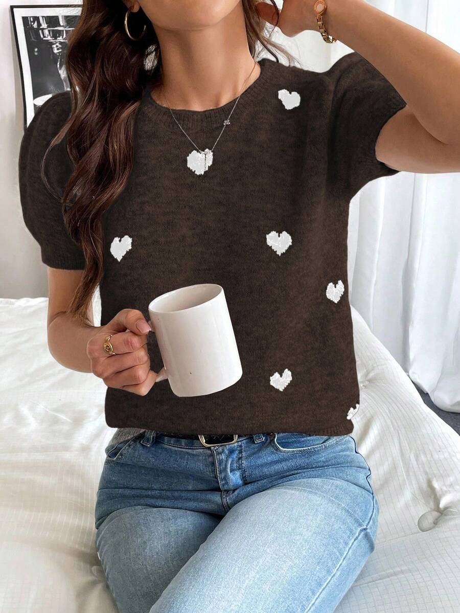 Pariaura Áo len tay bồng họa tiết trái tim thường ngày dành cho nữ - Cà phê nâu - Xem 1