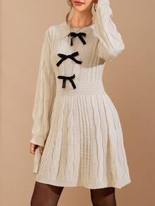 SHEIN Clasi Vestido corto de punto con cuello redondo elegante, lazo y manga larga, adecuado para uso diario y múltiples ocasiones, otoño - Albaricoque - Ver 9