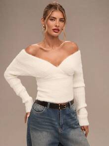 SHEIN BAE Women's Solid Color Minimalist Off-Shoulder Long Sleeve Sweater, Everyday Wear,Winter,Women's Winter Clothes , Fall Clothes For Women,Autumn Outfits For Women,Autumn Clothes For Women,Women's Winter Sweater ,Halloween ,Halloween Costume For Women,Christmas ,Christmas Sweater, Christmas Clothes For Women,New Year ,Party ,Elegant ,Casual,Fluffy Tops, Sexy Sweaters, Sexy White Sweaters, White Casual Sweaters, White Knit Top,Cozy Fall And Winter Clothes For Women