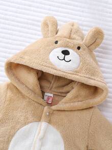 2 件新生儿男婴长袖连衣裤，带连帽衫，毛绒面料，可爱熊刺绣图案 - 卡其色 - 查看 3