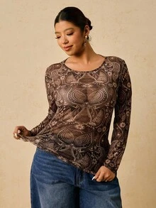 SHEIN VCAY Plus Size Casual Bohemian Geometric Print Brown Floral Pattern Round Neck Long Sleeve Fitted Knit Base Layer Top T-Shirt