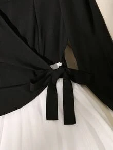 Franclia French Romantic Elegant Fashion Versatile A-B Patchwork Top With Side Tie Sheer Mesh Panel Black Dress For Women, Spring/Autumn - Black - View 6