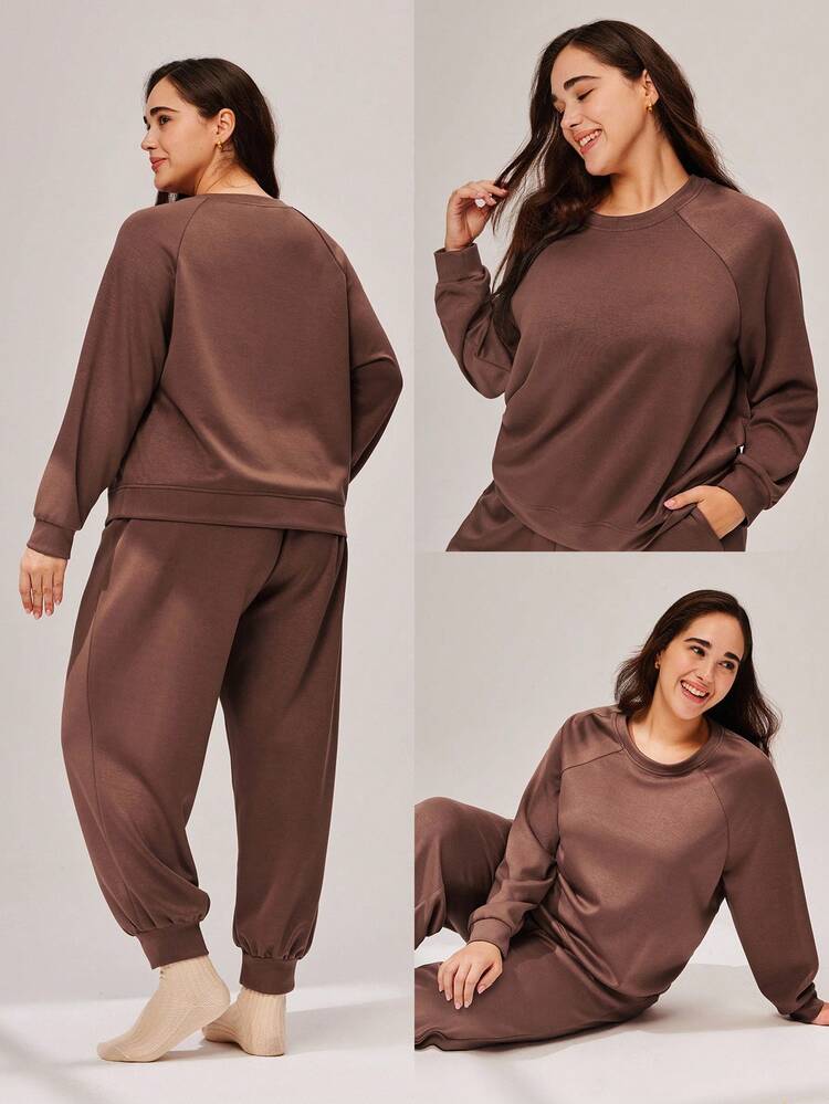 Conjunto de pijama básico de talla grande para otoño e invierno con sudadera de cuello redondo y pantalones, ropa de dormir cómoda y casual, lencería como ropa exterior, pijamas de otoño, conjuntos de ropa de estar por casa de moda cómoda y casual para mujeres