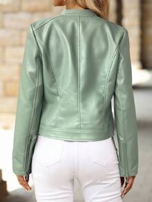 Solivie Chaqueta con cremallera ajustada de PU de moda, forrada térmica, para otoño/invierno - verde menta - Ver 2