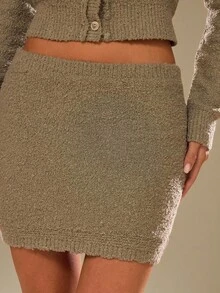 SHEIN BAE Falda de punto ajustada de cintura baja de unicolor casual para mujer, otoño e invierno, moda de otoño, Acción de Gracias - Verde - Ver 5