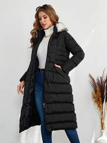 RueChic Fuzzy Trim Hooded Zipper Front Puffer Coat