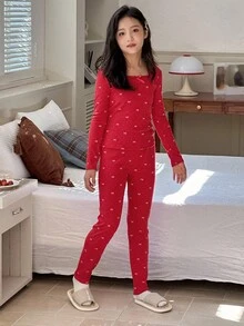 DAZY Tween Girls Crew Neck Knit Loungewear Set, Fall - Red - View 4