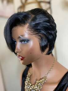 Straight Pixie Cut 13 X 4 X 1 T-Part Lace Wig Lace Front Natural Hair Wigs Short Hair Replacement Wig High Density - Natural Black - View 9
