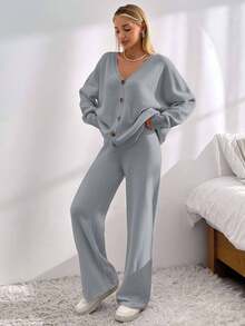 EURMUSE Drop Shoulder Cardigan & Tie Front Knit Pants Linen - Light Grey - View 5