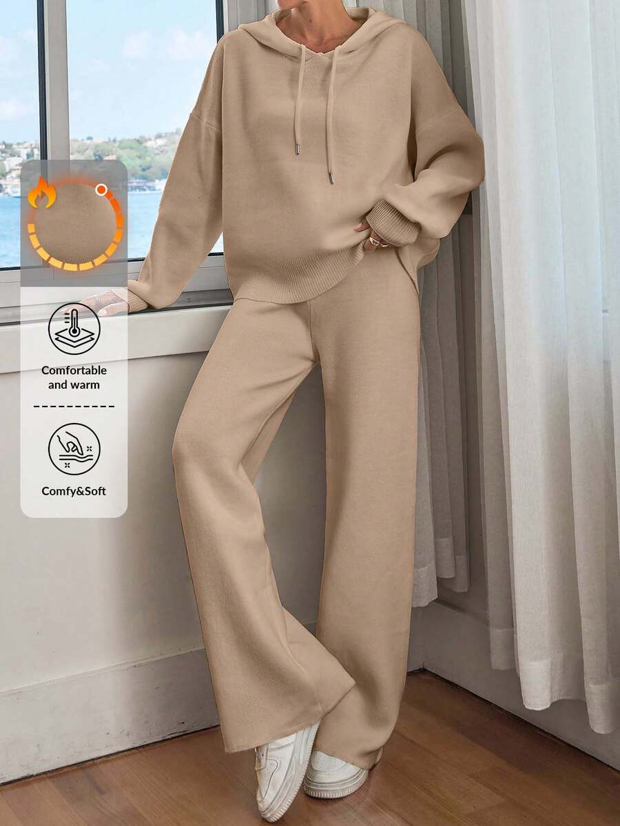 SHEIN Women Solid Color Drop Shoulder Hooded Pullover & Sweater Pants Set Linen