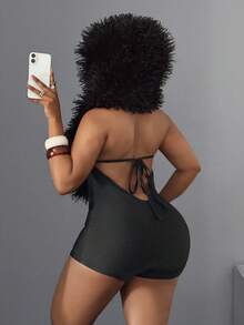 Maweii Mono corto sin mangas con tirantes de espagueti y espalda descubierta de piel sintética esponjosa negra para mujer de talla grande, ropa sexy para fiesta y club