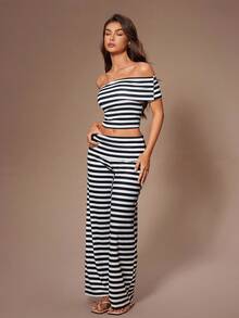 Lazeform Casual Women Ribbed Off-Shoulder Twist Back Pajama Set Women Two Pieces Set Casual Two Pieces Set Co Ord Set Women 2 Pieces Set