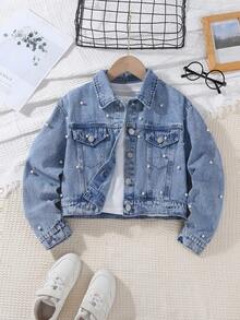 Sparklyn Tween Girls Y2K 风格牛仔夹克，春/秋/冬，浅蓝色牛仔布搭配仿珍珠装饰，修身廓形，面料柔软舒适，适合日常穿着、上学和通勤