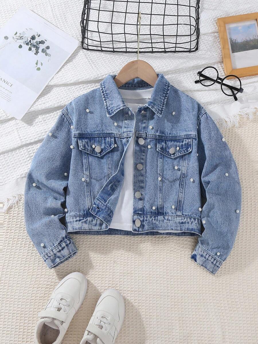 Sparklyn Tween Girls Y2K 风格牛仔夹克，春/秋/冬，浅蓝色牛仔布搭配仿珍珠装饰，修身廓形，面料柔软舒适，适合日常穿着、上学和通勤