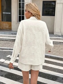 SHEIN Frenchy 女式纯色简约长袖上衣和短裤两件套，休闲日常穿着 - 杏色 - 查看 2