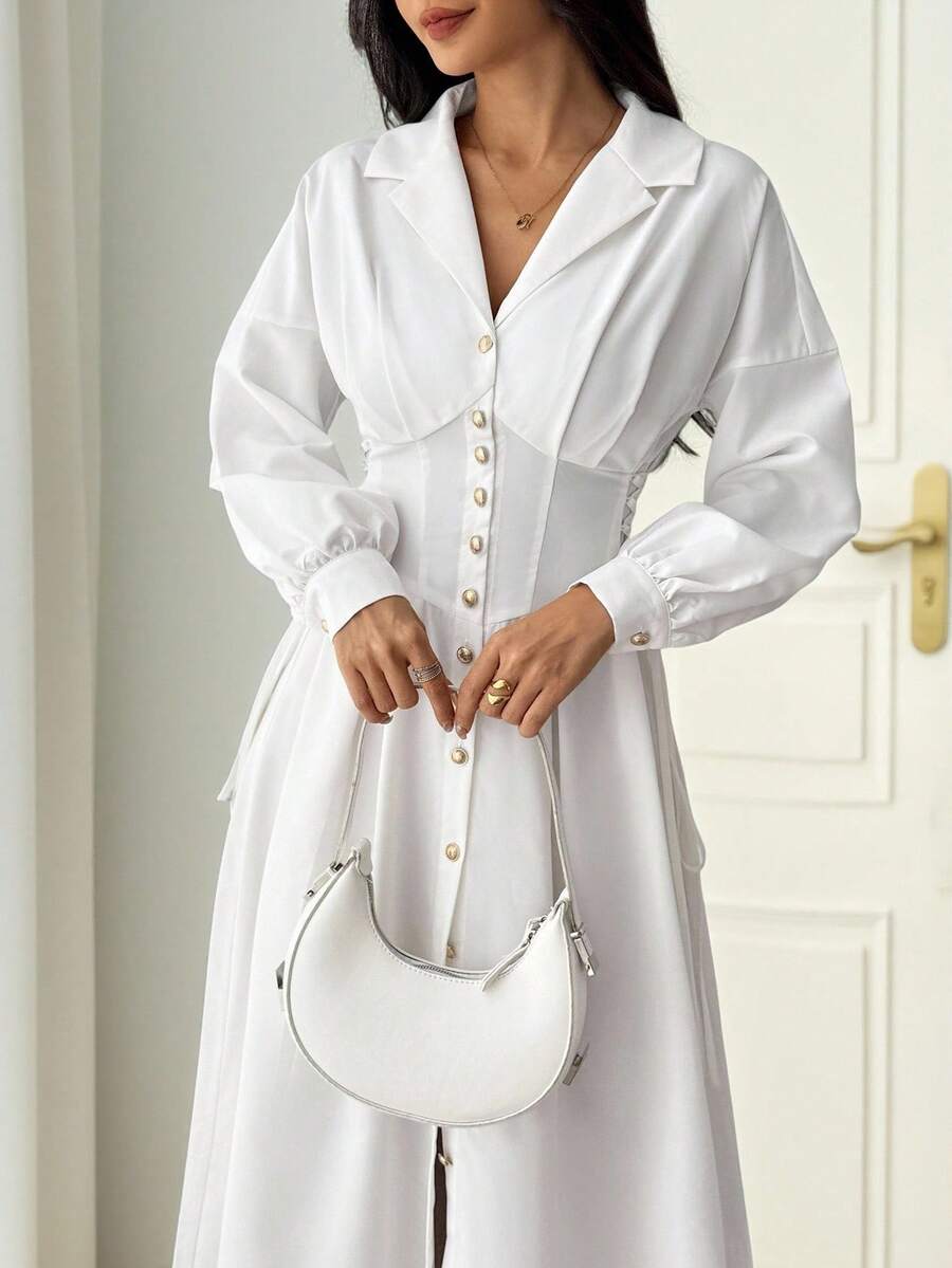 SHEIN PETITE Women's Front Button Solid Color Elegant Long Sleeve Dress Long Evening Dresses White Button Up Dress White Shirt Dress