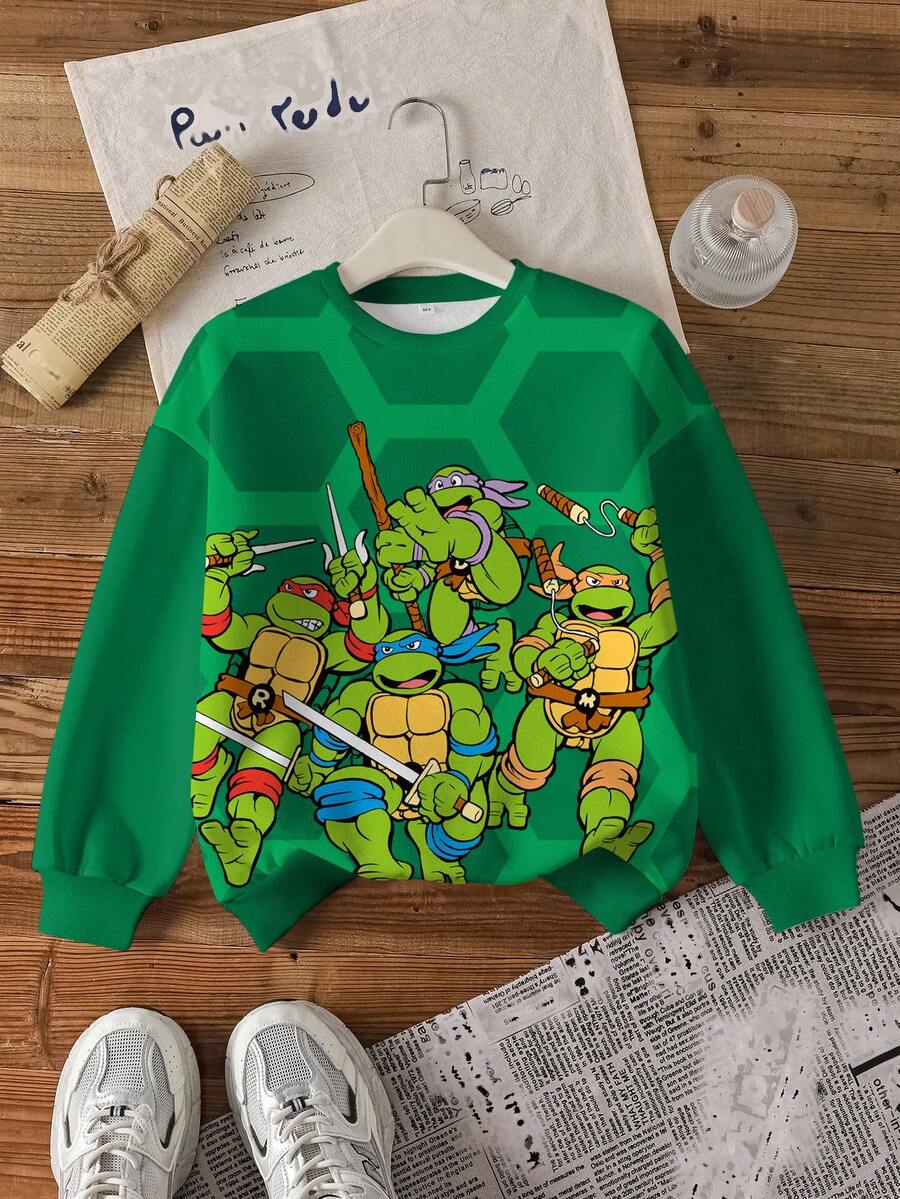TEENAGE MUTANT NINJA TURTLES | SHEIN 青少年男孩休闲时尚卡通乌龟印花落肩宽松套头衫，秋季 - 白色 - 查看 1