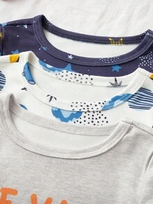 6 Stücke/Set Baby Jungen Schlafanzug Set, süßer Weltraum Planet & gestreifter Allover-Muster Langarm-Oberteil und Hose, lässige Herbst/Winter Pyjamas