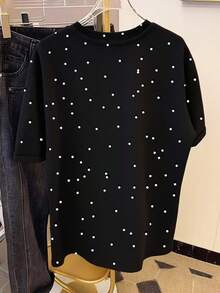 SHEIN Plus Size Polka Dot Printed Round Neck Women Short Sleeve T-Shirt
