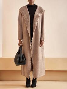 Zivah 冬季新款，圣诞节，新年，婚礼季，情人节，生日派对，毕业季，日常出行，基础款，百搭款，休闲度假，邮轮旅行，休闲优雅，通勤，街头欧式风，简约风，女士假日，连帽长袖，流苏，翻领装饰，卡其色长款毛衣外套，女士开衫 - 棕色 - 查看 5