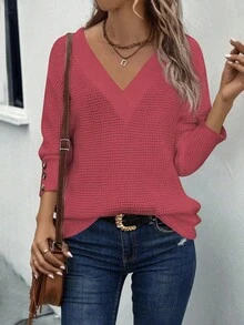 SHEIN Women's New Pineapple Plaid V-Neck Button Fitted Casual T-Shirt