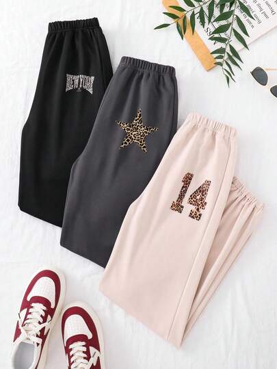 Sparklyn 3pcs/Set Multi-Color Pants For Teen Girl, Black/Charcoal/Beige, Leopard Print Pattern, Comfortable Casual Sportswear, Suitable For Autumn/Winter Fall