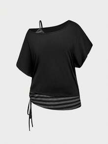 ROMWE Grunge Punk Áo thun cổ điển rộng rãi màu khối phong cách Punk Grunge tối màu, vai bất đối xứng, cỡ lớn, màu đen - màu đen - Xem 1