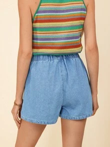 Coeurva Drawstring Waist Slant Pocket Denim Shorts - Light Wash - View 4