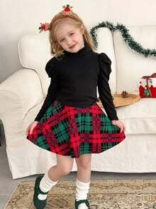 LMoss Kids LMoss 2pcs Young Girl Solid Color Knit Stand Collar Casual T-Shirt And Plaid Skirt Set, Two Pieces Kids Set Skirt Plaid, Matching Clothes For Girls, Plaid Skirts For Girls, Mom Daughter Matching Outfit, Christmas Girls Outfits,Styles Comfortable Autumn & Winter,Cozy Fall & Winter Styles,Christmas Jumper,Long Sleeve Top,Halloween - Multicolor - View 2